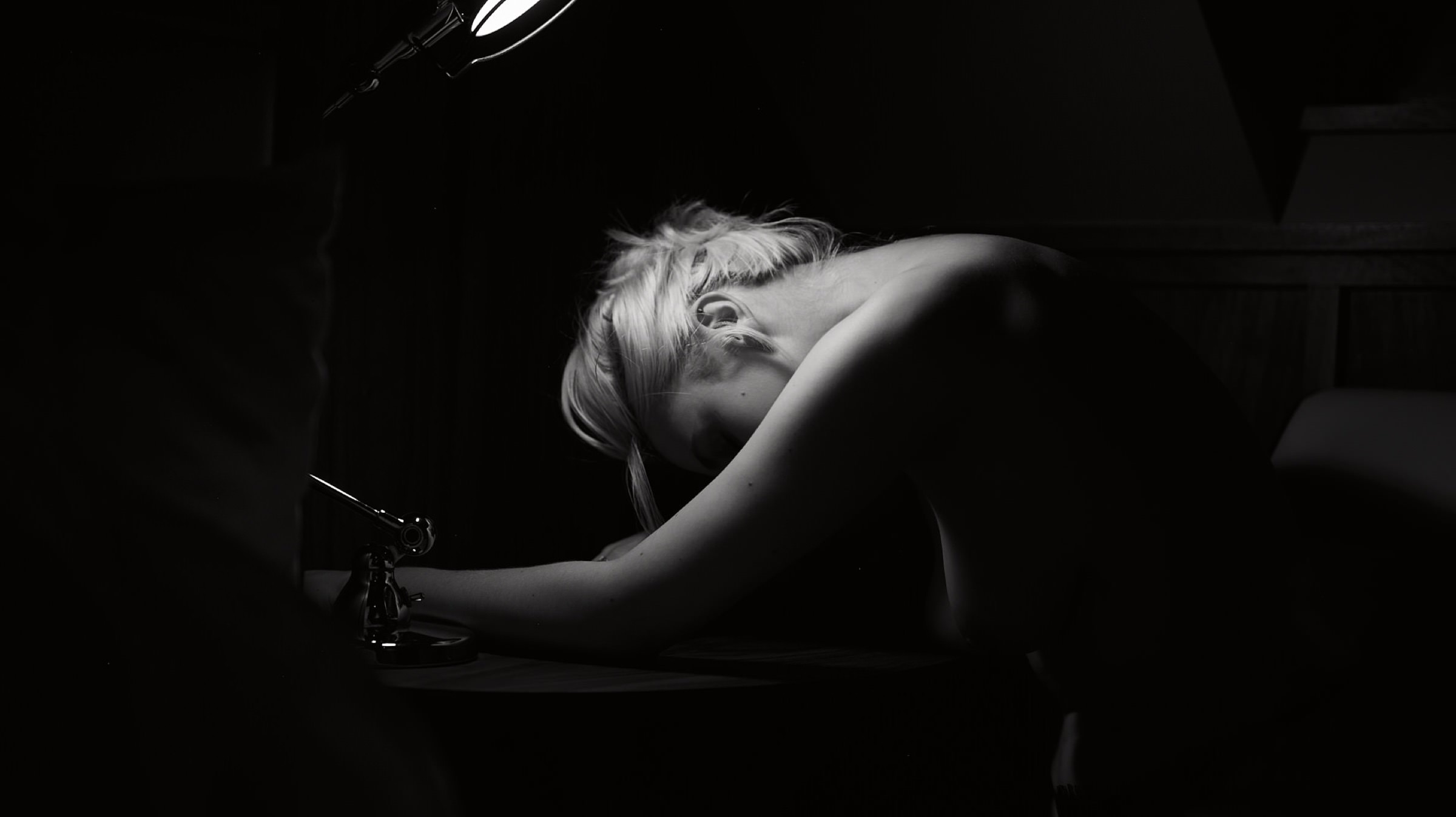 Melinda black and white portrait with quiet gesture